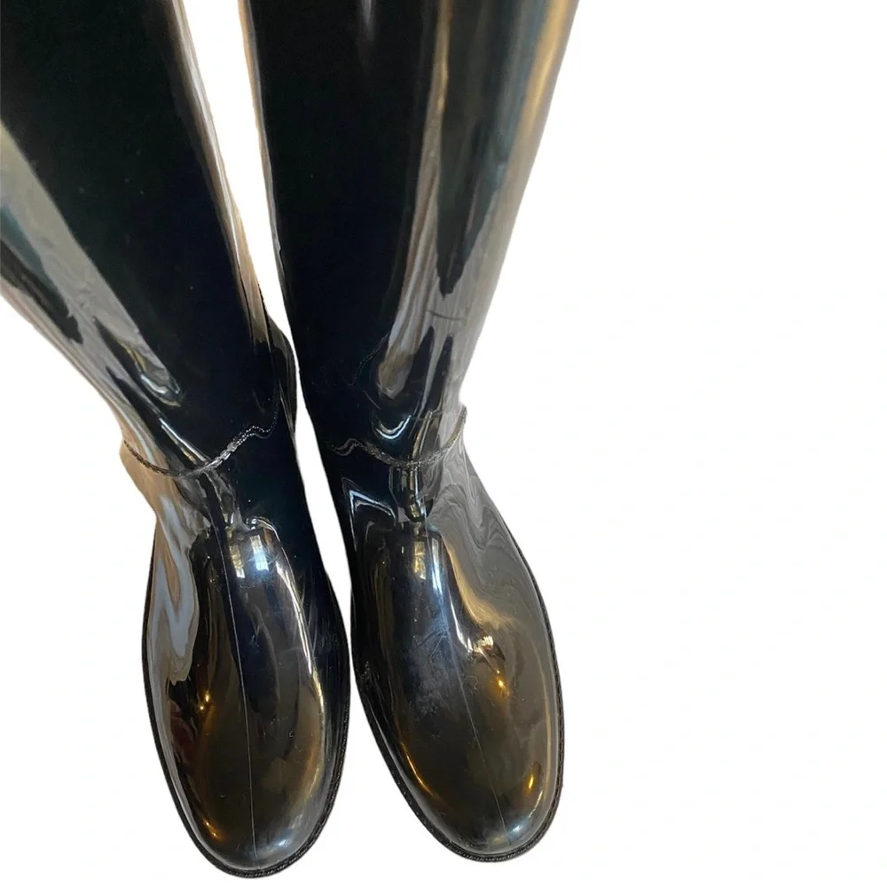 Coach Black Rubber Boots Gold Buckle Knee High 9 Concert classic‎ statment
